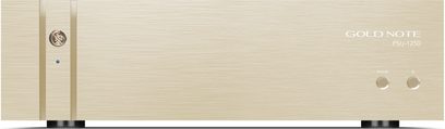 Alimentazione separata hi-fi Gold Note PSU-1250 finitura oro spazzolato vista frontale con logo rotondo e due pulsanti a destra