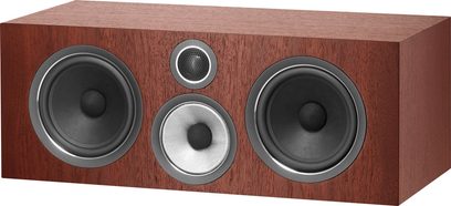 Bowers & Wilkins HTM71 S2 rosewood center højttaler set forfra, 2 sorte højttalere, sølvfarvet diskanthøjttaler