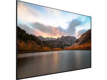 Rectangular flat screen displaying an autumnal mountainous landscape by a lake, under a cloudy sunset sky