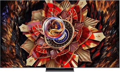 Televisor de alta definición TCL 85C9K negro con marco metálico ultrafino, pantalla grande plana vista de frente sobre un discreto soporte central