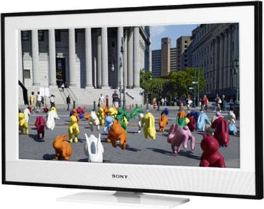 Sony KDL-40E4000 højdefinitions-tv, der viser en flok farverige tegneseriefigurer i en by