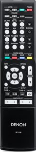 Sort Denon RC-1189 fjernbetjening med flerfarvet knapper og LCD-skærm, set forfra