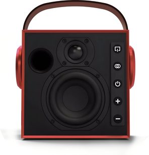 Kannettava Morel Biggie -bluetooth-kaiutin, rubiininpunainen kuutiomainen kotelo metallisella viimeistelyllä edestä katsottuna, musta etupaneeli, jossa keskellä woofer, diskantti, pyöreä refleksiportti, pystysuora painikesarja ja kaareva kantokahva yläosassa