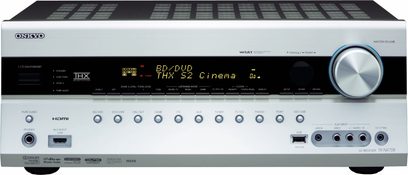 Onkyo TX-NR708 hjemmebiograf-forstærker, frontpanel, frontvisning, display "BD/DVD THX S2 Cinema 96.", knapper og stik