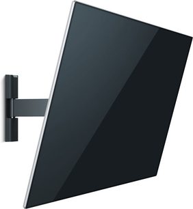 Flad sort mat vægmonteret TV-holder, set fra siden, med drejeligt armsystem foldet 90 grader ud til højre, med en flad sort skærm monteret ovenpå