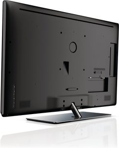 Philips 46PFL5007H sort fladskærms-TV, set bagfra, med synlige tilslutninger og metalstativ