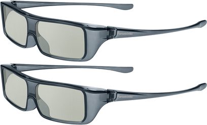 To par aktive 3D-briller fra Panasonic TY-EP3D20E, med blanke sorte stel og grå glas, set forfra