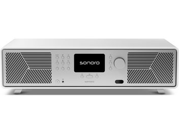 Sistema hi-fi tutto in uno Sonoro Avaton bianco opaco e argento, facciata in metallo, vista frontale, schermo centrale, griglie diagonali
