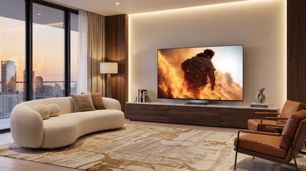 Contemporary living room with wall-mounted TV, curved beige sofa, camel armchairs, and city view at sunset