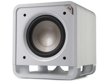 Subwoofer Polk Audio HTS 10 branco, vista frontal, forma cúbica arredondada, alto-falante circular central preto