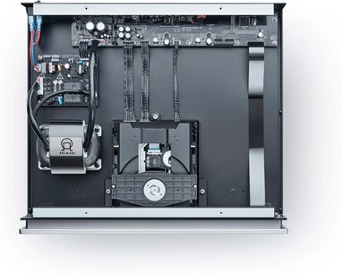 Interior of an open black Primare CD35 CD player, front view, electronic and mechanical components visible