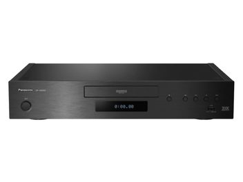 Panasonic DP-UB9000 4K Blu-ray-spiller i svart, sett forfra med børstet frontpanel, midtskjerm og USB-port