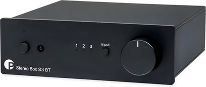 Pro-Ject Stereo Box S3 BT black integrated stereo amplifier, angled front view with large front volume knob