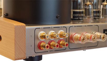 Stereohøjttaler-forstærker Consonance M100 Plus, bagsideforbindelser med 8 par forgyldte RCA-indgange/udgange, mat sort kabinet med lyst træ