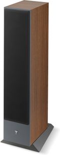 Sloupcový reproduktor Focal Theva N°2 v provedení ořech s povrchovou úpravou Dark wood, pohled zepředu, černá skříň a tmavý dřevěný přední panel