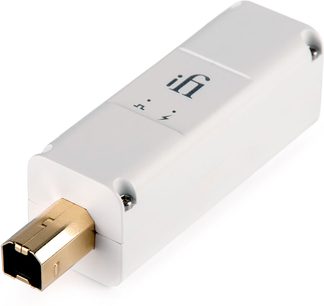 iFi Audio iPurifier3 USB-B hvid tilbehør, USB-B og USB-A han-stik, set oppefra og fra siden
