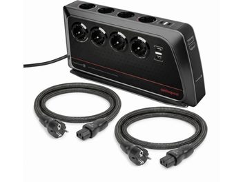AudioQuest PowerQuest 3 sort strømfordeler med 8 stik og 2 sorte flettede NRG-Y3 strømkabler