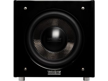 Caisson de basses Velodyne SPL-X 18 noir brillant, vue de face, grand haut-parleur central à cône carbone et pieds argentés