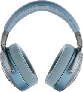 Затворени хай-фай слушалки Focal AZURYS, изглед отпред, тапицирани възглавнички и лента в синьо платно, сиви калъфи с видими винтове