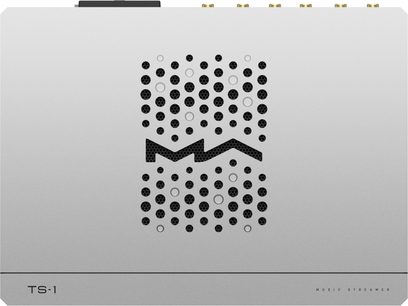 Аудио мрежов читател Matrix Audio TS-1 в сребристо алуминиево изпълнение, изглед отгоре, правоъгълен корпус с фасетни ръбове, с голяма кръгла черна вентилационна решетка в центъра, образуваща зигзагообразен мотив, с тънки надписи на модела и функцията в долната част