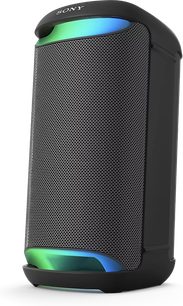 Bærbar Bluetooth-højttaler Sony SRS-XV500, set fra en vinkel, sort metalgitter, grønne og blå LED-lys