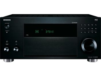 Onkyo TX-RZ3100 sort hjemmebiograf-forstærker, front, grønt "DTS:X" display, sølvfarvede knapper og drejeknapper, set forfra