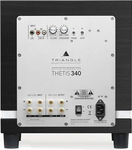Subwoofer Triangle Thetis 340 preto cinza em madeira com painel traseiro em alumínio escovado contendo conectores, botões e interruptor, vista traseira