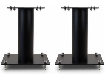 Due diffusori acustici Norstone Design Stylum S in nero satinato, in metallo nero, di forma cilindrica, su base quadrata, visti di fronte