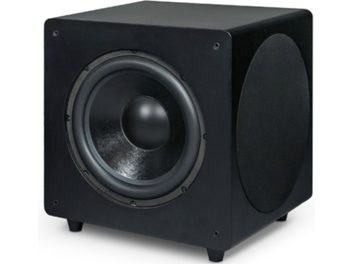 Velodyne Deep Waves 10 svart subwoofer i kubeformat, med synlig frontmontert høyttaler og sirkulært sidepanel