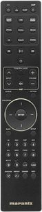 Télécommande noire Marantz avec boutons et molettes pour contrôler un ampli hi-fi, vue de face
