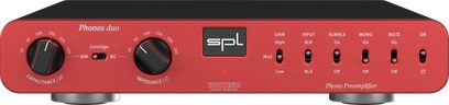 SPL Phonos Duo phono-forforstærker i rød, set forfra, med to sorte drejeknapper og vippekontakter