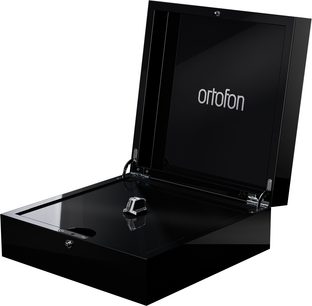 Ortofon MC Vertex silver turntable cartridge on glossy black base with open cover