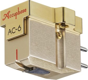 Клетка за аудиофилска винил грамофонна пластина Accuphase AC-6, изглед под ъгъл, златисто покритие, 2 видими метални контакта, златна винтова нарезка