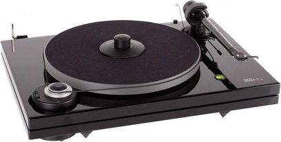 Hi-fi pladespiller Music Hall MMF 7.1 sort, set ovenfra, rund mat sort pladebakke, sort tonarm, sølvfarvede knapper