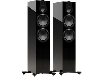 Standlautsprecher Monitor Audio Gold 500 6G in schwarzem Hochglanz, Vorderansicht, 2 runde Lautsprecher, 1 Hochtöner, angewinkelte Sockel