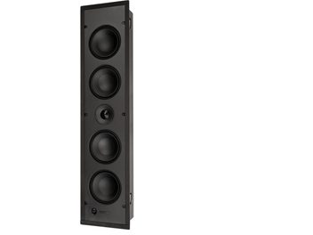 Boxă încastrabilă de perete E3 LCR v2, vedere frontală, 4 difuzoare circulare negre, 1 tweeter central, cadru dreptunghiular negru