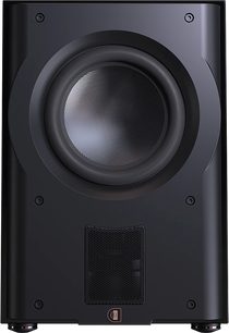 Frontansicht des Perlisten R210s Subwoofers, zentraler runder Lautsprecher, strukturierte Membran, rechteckiges unteres Gitter