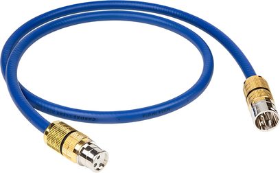 Cavo audio digitale Cardas Clear Digital AES/EBU blu con connettori XLR dorati e argentati in vista obliqua