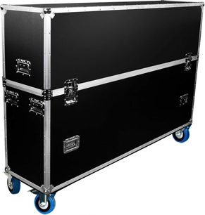 Power Acoustics Flight çift ekran 75/85 için siyah, gümüş renkli takviyeli ve mavi tekerlekli ekran taşıma kasası