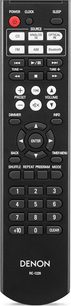Sort Denon RC-1239 fjernbetjening med knapper til cd-afspiller, tuner, lydstyrke, forudindstillinger og numerisk tastatur, set forfra