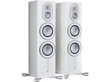 Two Monitor Audio Platinum 300 3G satin white floorstanding speakers, side by side, front view, on a white background