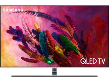 Televizor Samsung QE65Q7F 2018 QLED TV zobrazující barevná pírka na rozmazaném růžovo-oranžovém pozadí