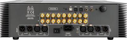 Προενισχυτής στερεοφωνικός Atoll Electronique PR400 Evolution σε σκούρο γκρι μεταλλικό περίβλημα, πίσω όψη, πλευρικοί ψύκτες με πτερύγια και πάνελ με χρυσαφί υποδοχές RCA, θύρες XLR, USB, οπτικές, διακόπτη και υποδοχή ρεύματος IEC