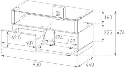 Sonorous MD7095 TV-møbel med dimensioner i millimeter, set forfra og fra siden, i isometrisk perspektiv, på hvid baggrund