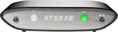 iFi Audio Zen Stream netværksaudioafspiller, set forfra, børstet aluminiumsfacade, "STREAM" LED-display, hvid og grøn LED