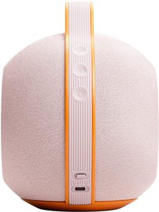 Портативна Bluetooth-колонка DEVIALET MANIA рожева, вид ззаду з текстильною решіткою, вертикальною ручкою та кнопками керування