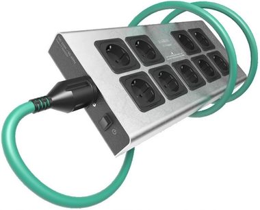 Multiprise V5 Corvus + EVO3 Initium 1,5m, 9 stik, grøn kabel, sølvfarvet kabinet, sort afbryder, perspektivvisning