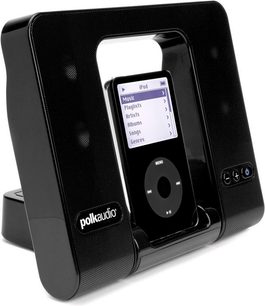 Polk Audio Midock Portfolio musta dokkimisjaama eestvaade, LCD-ekraan kuvab iPodi menüüd, sisseehitatud kõlar