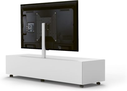 Biała szafka TV Spectral Scala SC1657 z wbudowanym uchwytem ściennym, szklanymi drzwiczkami i przegrodami na sprzęt audio-wideo