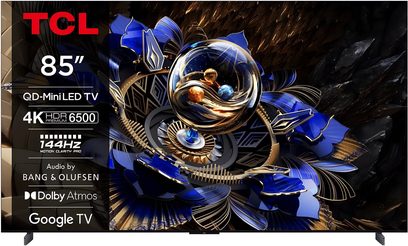 Телевизор с висока разделителна способност TCL 85X11K черен, тънка рамка от матов метал, 85-инчов екран без рамка, две тъмни ъглови крака, изглед отпред